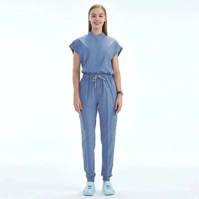 Elevate Your Workday with the Ultimate 10-Pocket Women's Scrubs Set for Style and Comfort Blue Grey