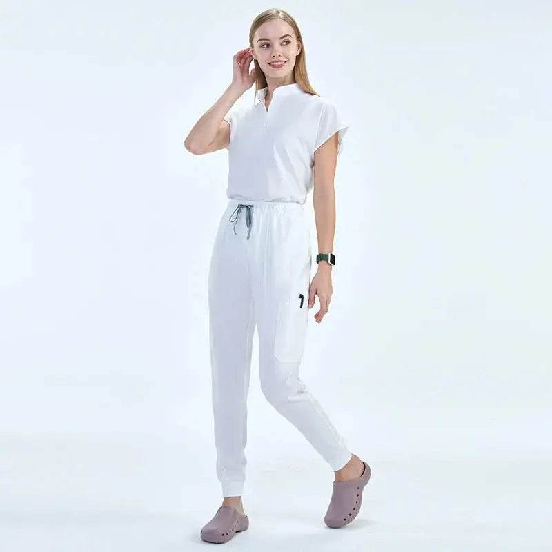 Elevate Your Workday with the Ultimate 10-Pocket Women's Scrubs Set for Style and Comfort White
