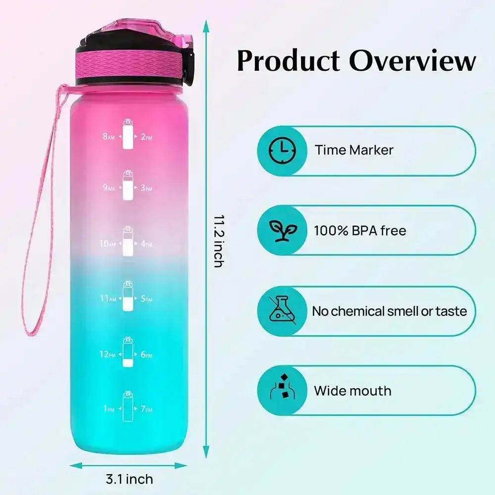 1L Water Bottle with Time Marker, Gradient Color, Motivational Bottle, Leakproof