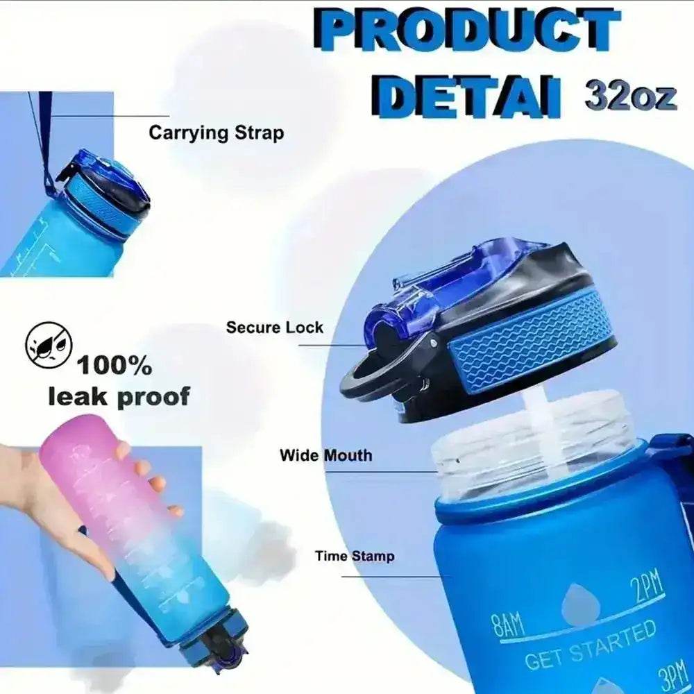 1L Water Bottle with Time Marker, Gradient Color, Motivational Bottle, Leakproof