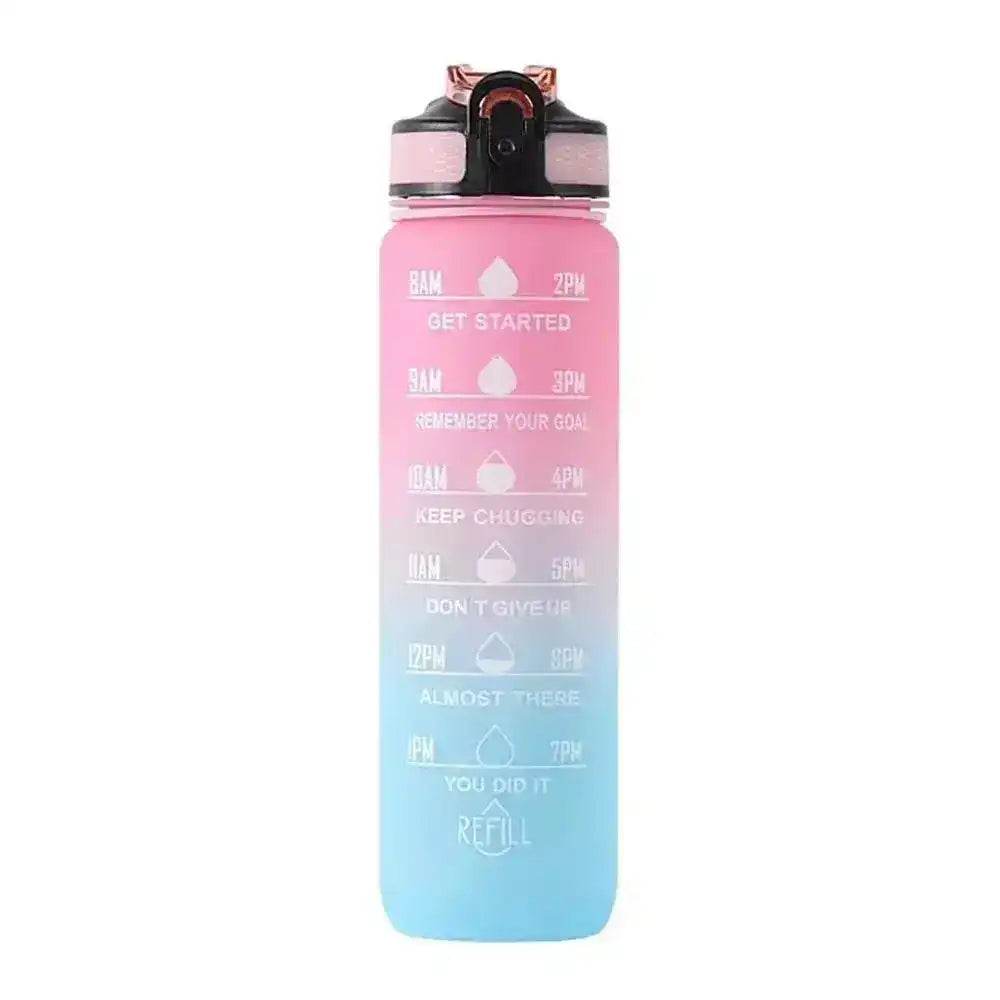 1L Water Bottle with Time Marker, Gradient Color, Motivational Bottle, Leakproof Pink-Blue 1 L