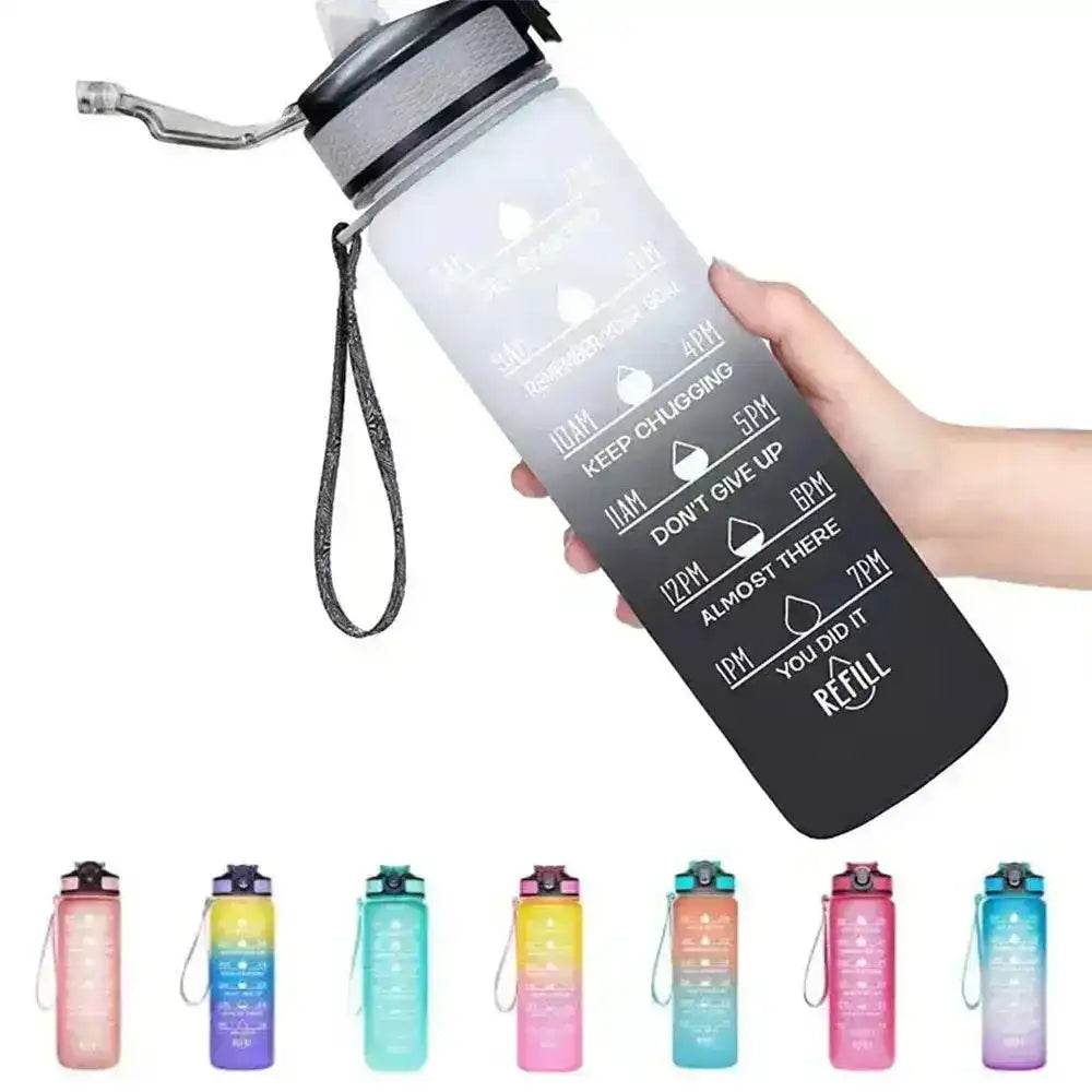 1L Water Bottle with Time Marker, Gradient Color, Motivational Bottle, Leakproof White-Black 1 L