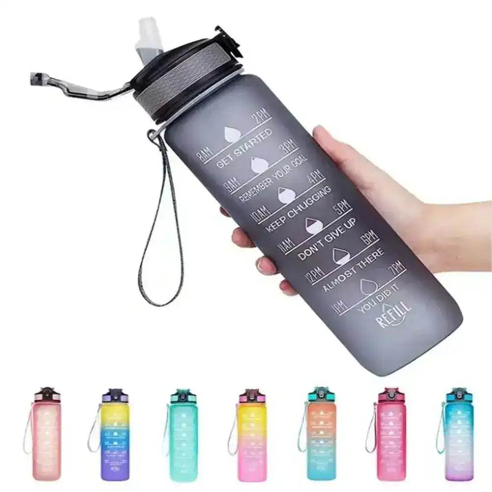 1L Water Bottle with Time Marker, Gradient Color, Motivational Bottle, Leakproof Black 1 L