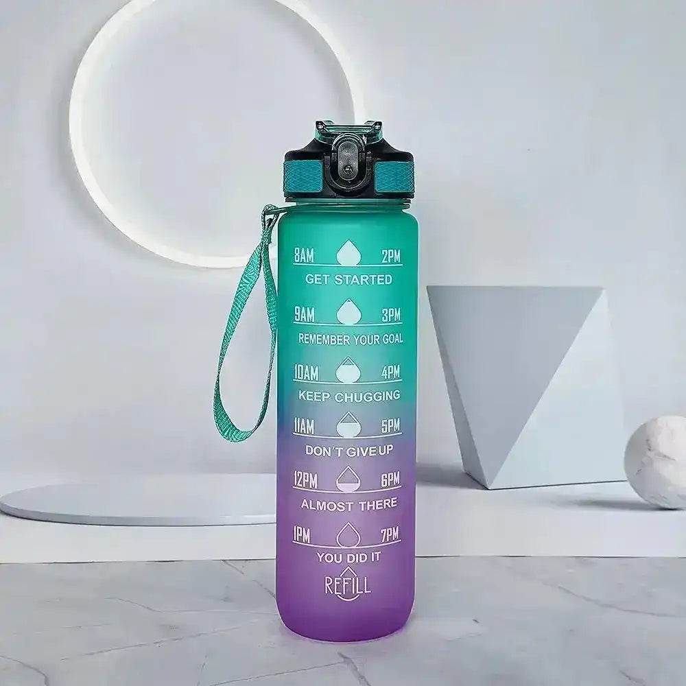 1L Water Bottle with Time Marker, Gradient Color, Motivational Bottle, Leakproof Green-Purple 1 L