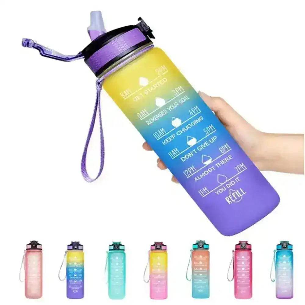 1L Water Bottle with Time Marker, Gradient Color, Motivational Bottle, Leakproof Yellow-Purple 1 L