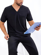 Men's V-Neck Scrubs Set With Multiple Pockets, Solid Color Comfortable Utility Workwear Top And Pants Set
