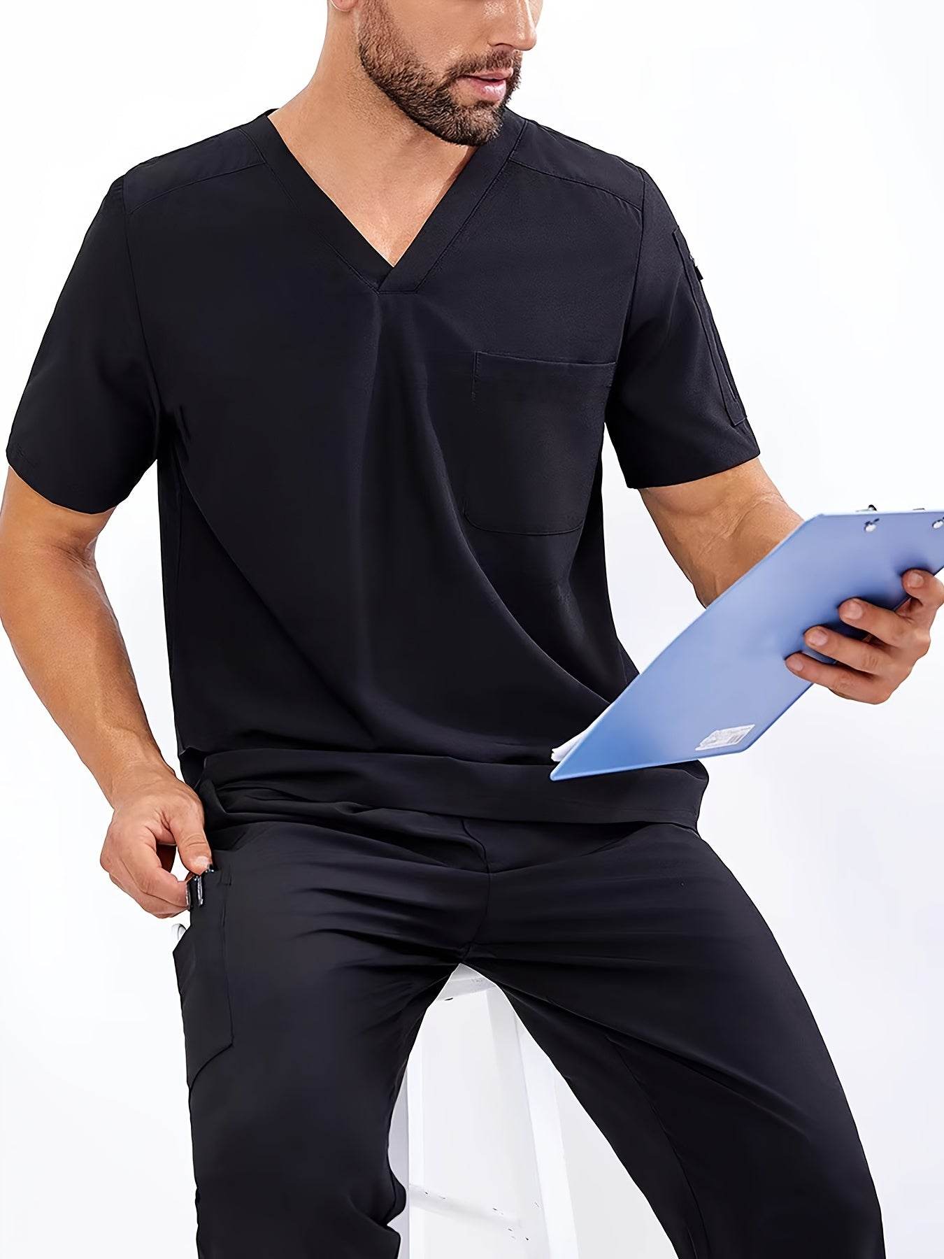 Men's V-Neck Scrubs Set With Multiple Pockets, Solid Color Comfortable Utility Workwear Top And Pants Set