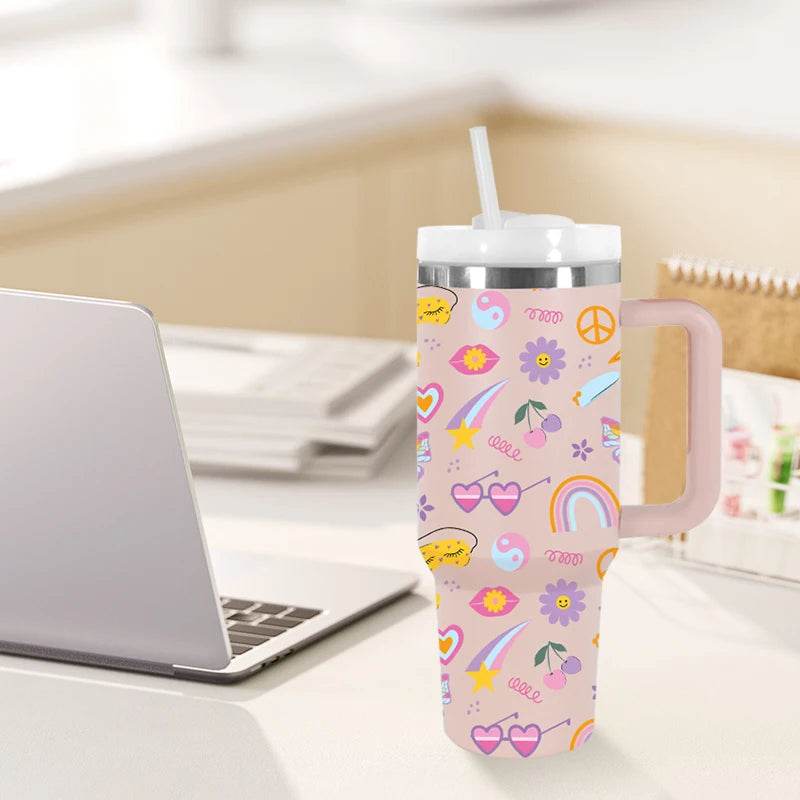 Powder Coated Double Wall Stainless Steel 40oz Tumblers Travel Mug with Pattern Gift