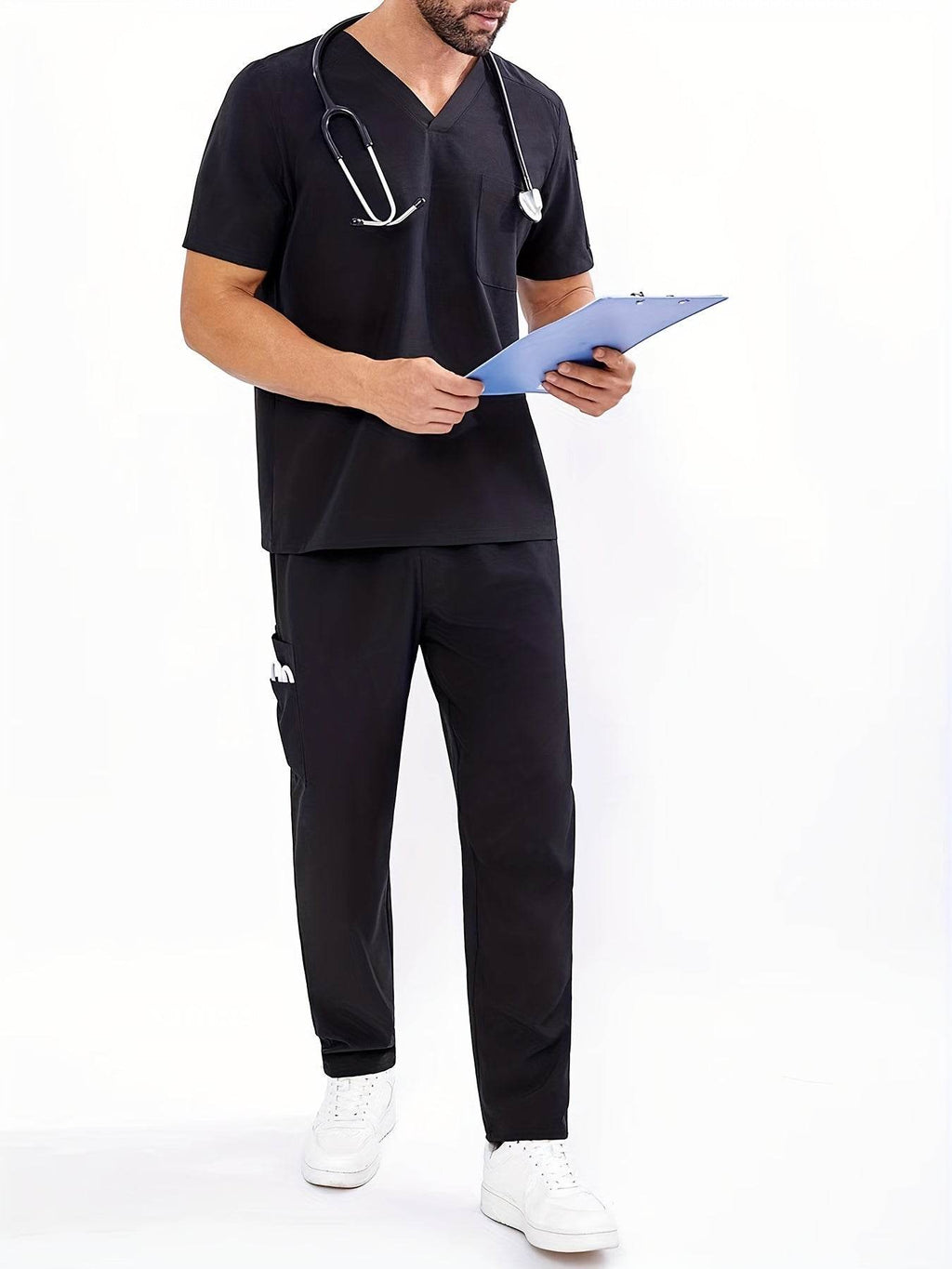 Men's V-Neck Scrubs Set With Multiple Pockets, Solid Color Comfortable Utility Workwear Top And Pants Set