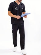 Men's V-Neck Scrubs Set With Multiple Pockets, Solid Color Comfortable Utility Workwear Top And Pants Set