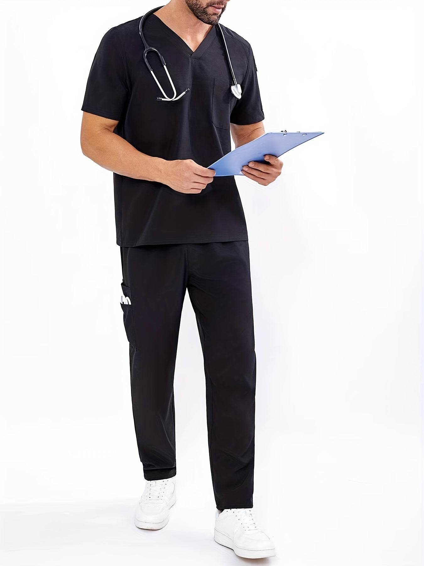 Men's V-Neck Scrubs Set With Multiple Pockets, Solid Color Comfortable Utility Workwear Top And Pants Set