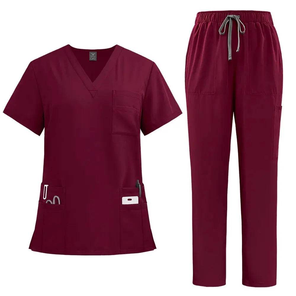 Doctor and Nurse Scrubs Work Uniforms with Straight Leg Pants Red