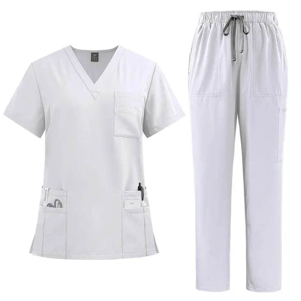 Doctor and Nurse Scrubs Work Uniforms with Straight Leg Pants White