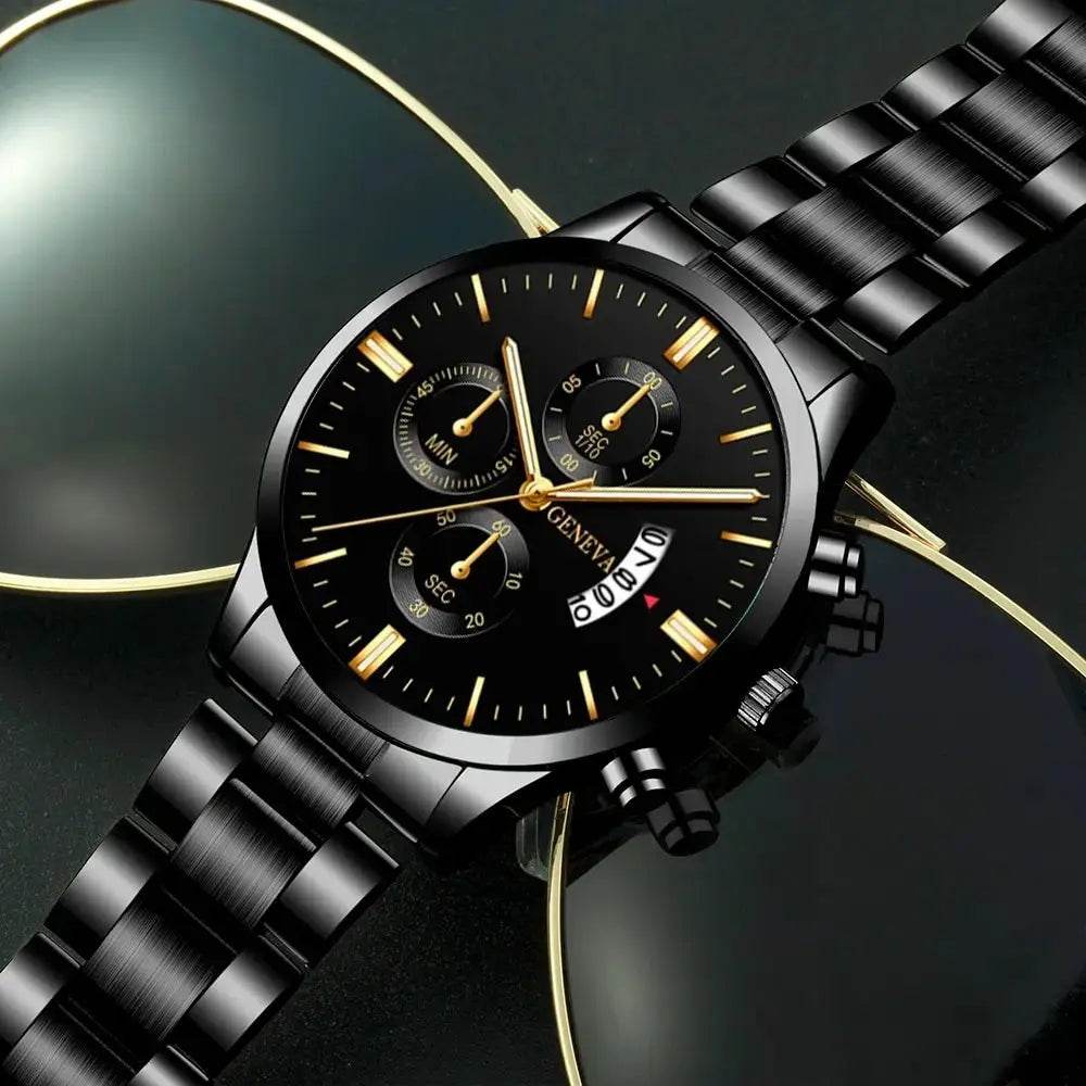 Men’s Black Stainless Steel Quartz Luxury Watch Black Gold