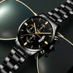 Men’s Black Stainless Steel Quartz Luxury Watch Black Gold