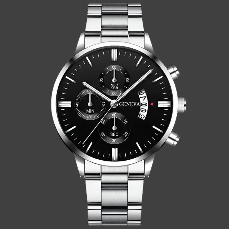 Men’s Black Stainless Steel Quartz Luxury Watch Silver Black