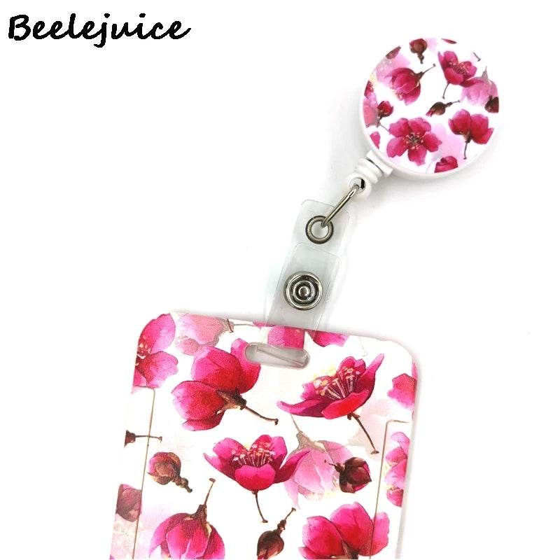 Red Flowers Art Retractable Badge Reel Lanyard Nurse ID Business Credit Card Work Card Badge Holder Office Student Clips ID Card
