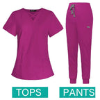 Jogger Scrubs Set for Women, Solid Color Scrub Sets, Multiple Pockets, V-neck 42029-rose red