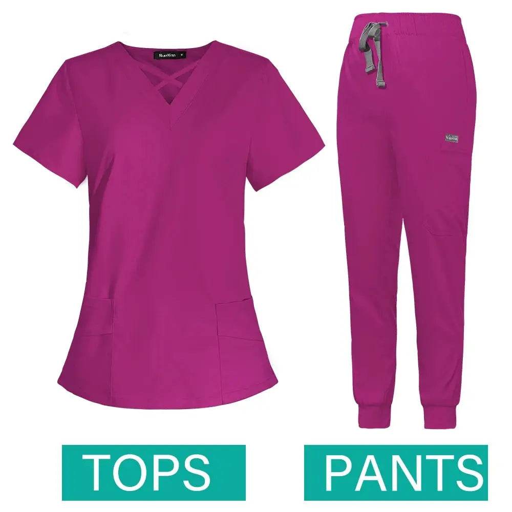 Jogger Scrubs Set for Women, Solid Color Scrub Sets, Multiple Pockets, V-neck 42029-rose red