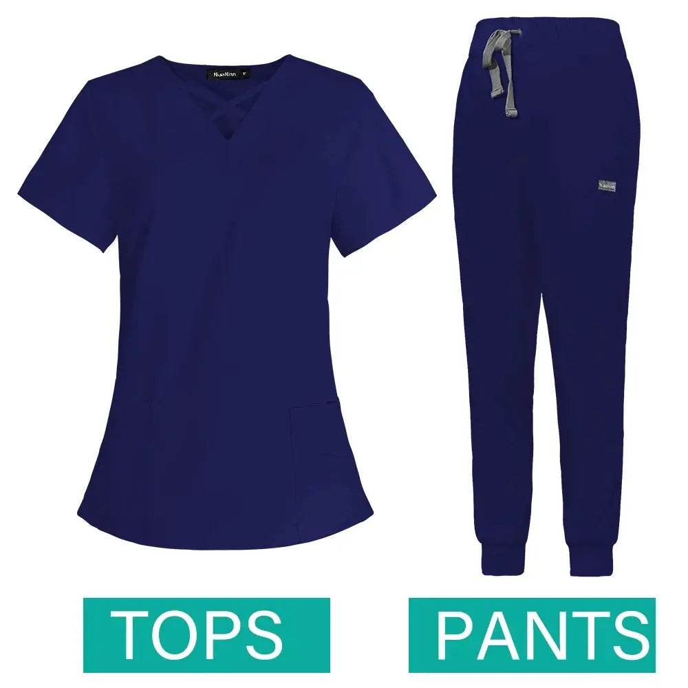Jogger Scrubs Set for Women, Solid Color Scrub Sets, Multiple Pockets, V-neck 42029-navy