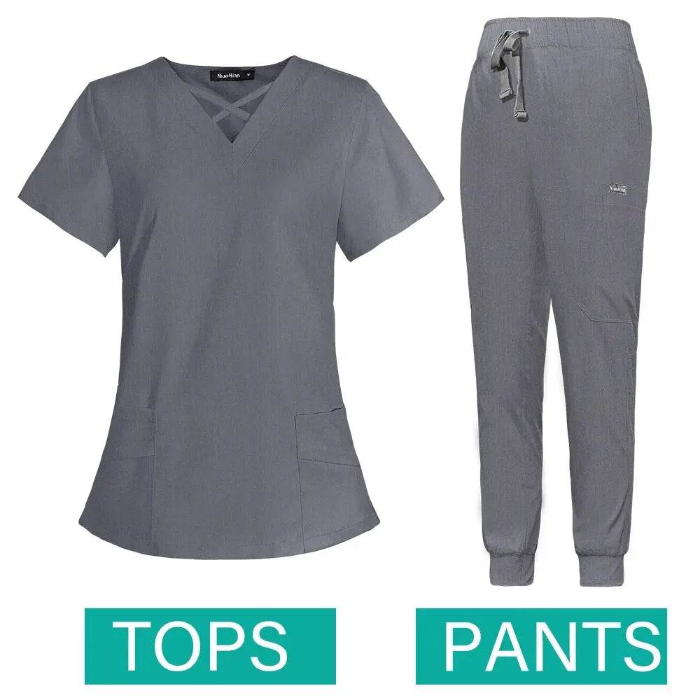 Jogger Scrubs Set for Women, Solid Color Scrub Sets, Multiple Pockets, V-neck 42029-grey