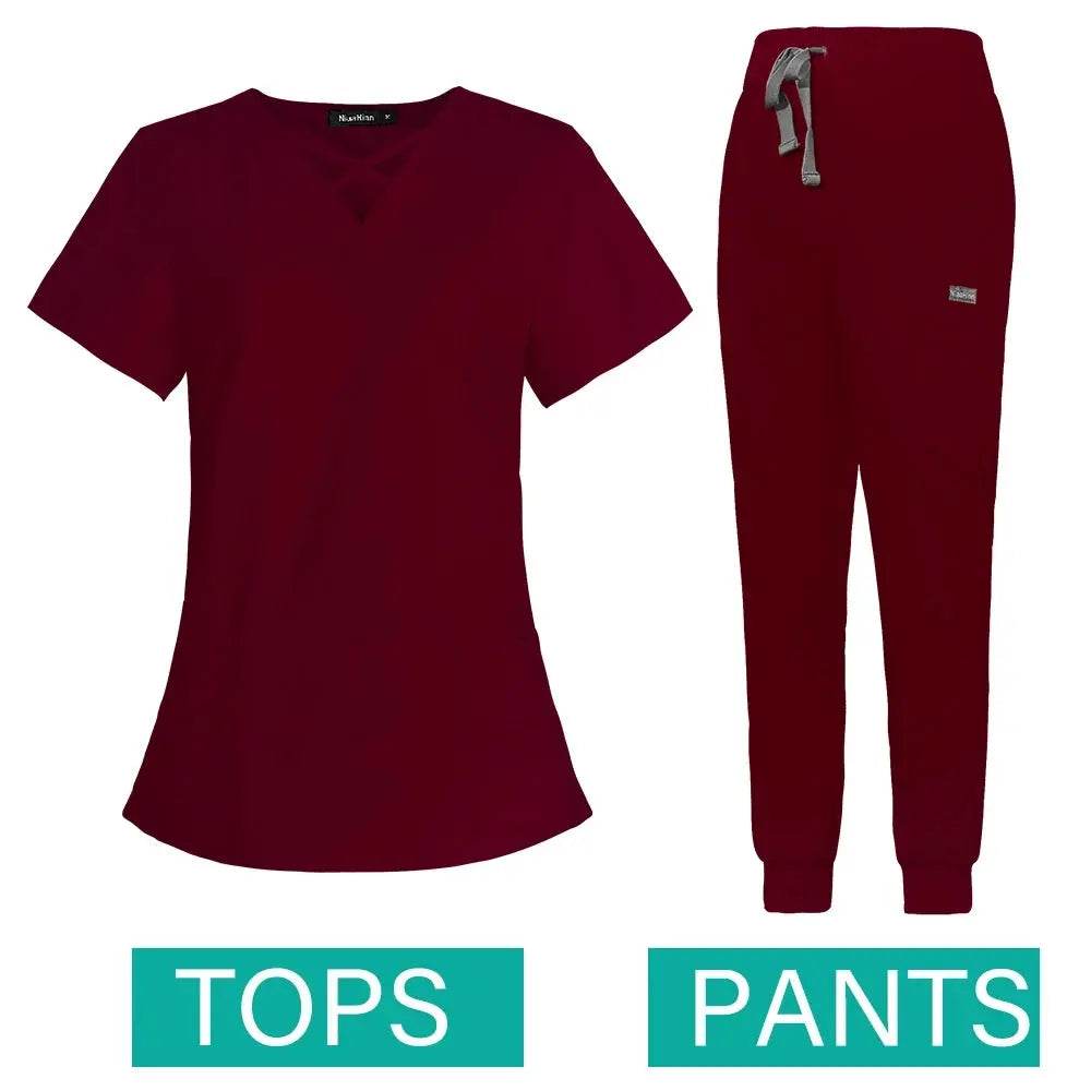 Jogger Scrubs Set for Women, Solid Color Scrub Sets, Multiple Pockets, V-neck 42029-red