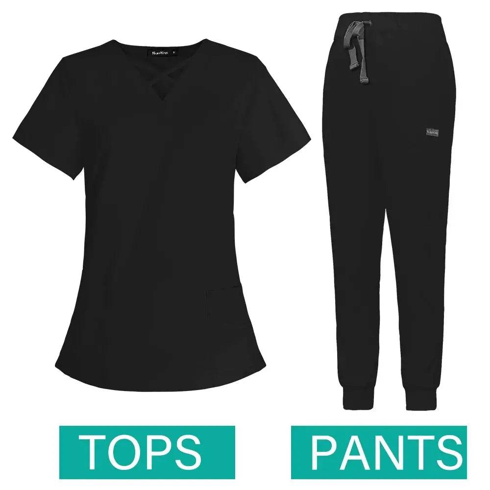 Jogger Scrubs Set for Women, Solid Color Scrub Sets, Multiple Pockets, V-neck 42029-black