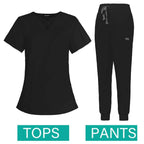 Jogger Scrubs Set for Women, Solid Color Scrub Sets, Multiple Pockets, V-neck 42029-black