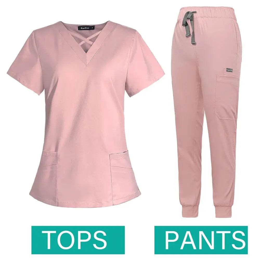 Jogger Scrubs Set for Women, Solid Color Scrub Sets, Multiple Pockets, V-neck 42029-Pink