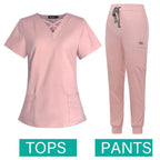Jogger Scrubs Set for Women, Solid Color Scrub Sets, Multiple Pockets, V-neck 42029-Pink
