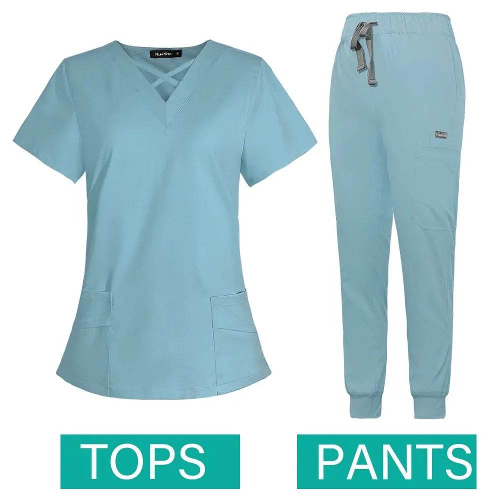 Jogger Scrubs Set for Women, Solid Color Scrub Sets, Multiple Pockets, V-neck 42029-light blue