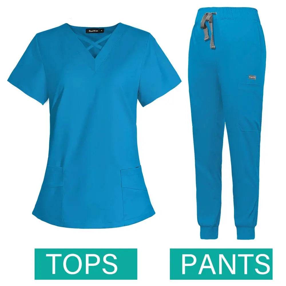 Jogger Scrubs Set for Women, Solid Color Scrub Sets, Multiple Pockets, V-neck 42029-blue