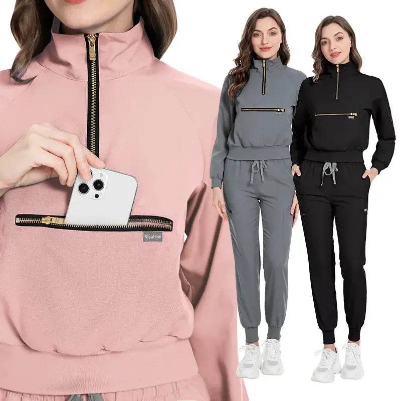 Long Sleeve Scrub Jacket and Matching Pants Set, Jogging Style, Scrubs Sets