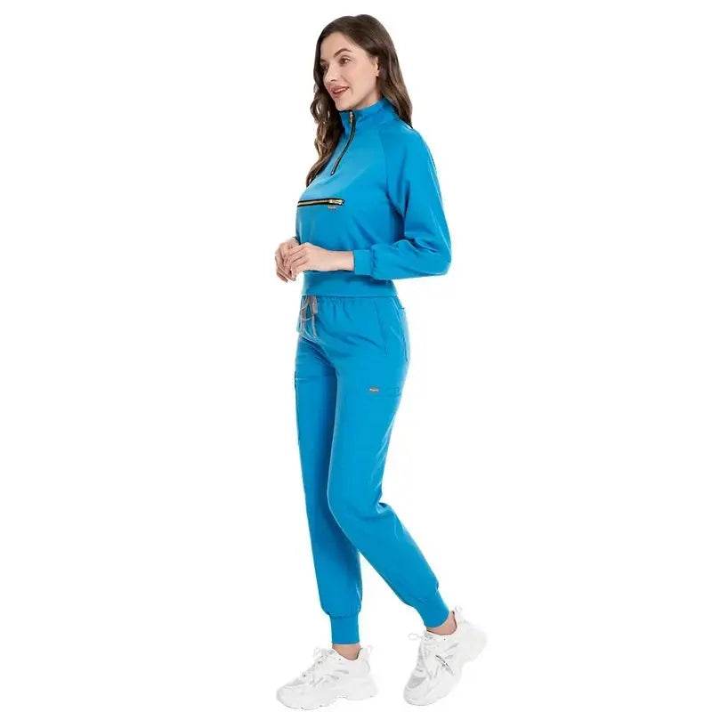 Long Sleeve Scrub Jacket and Matching Pants Set, Jogging Style, Scrubs Sets 42035 blue