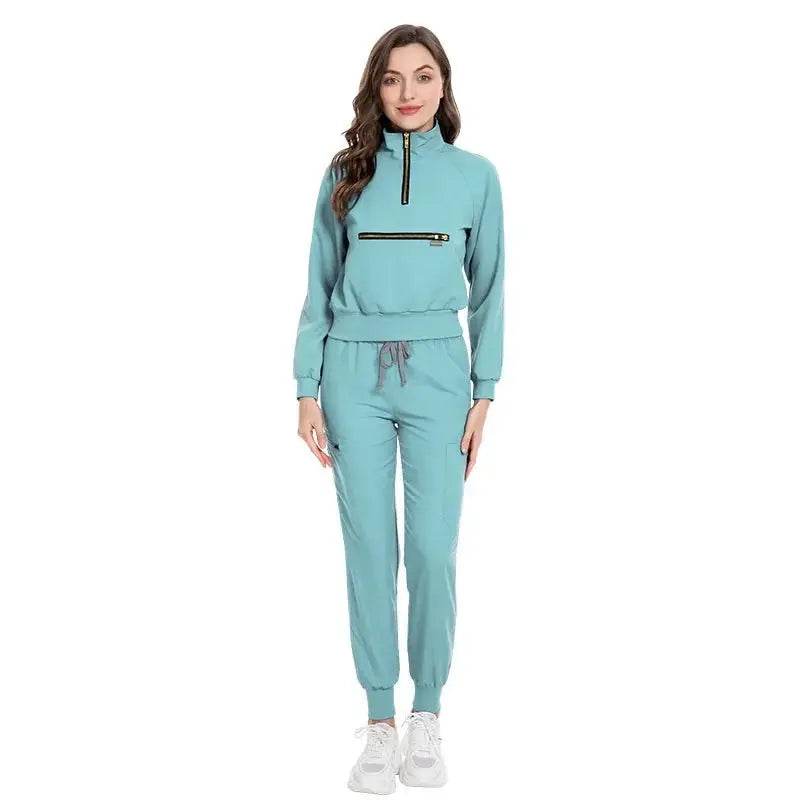 Long Sleeve Scrub Jacket and Matching Pants Set, Jogging Style, Scrubs Sets 42035-Light blue