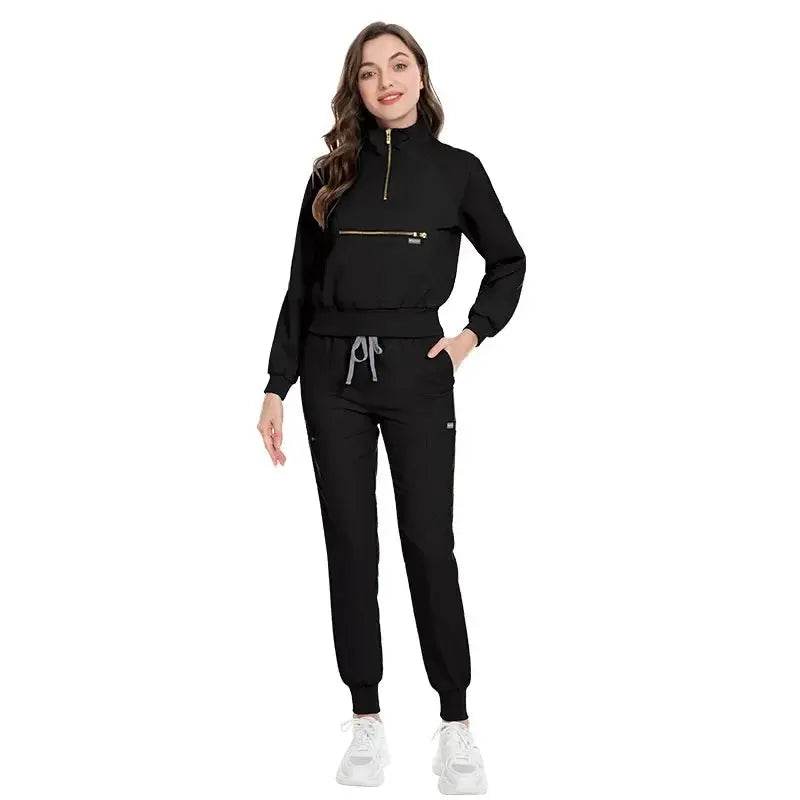 Long Sleeve Scrub Jacket and Matching Pants Set, Jogging Style, Scrubs Sets 42035 black
