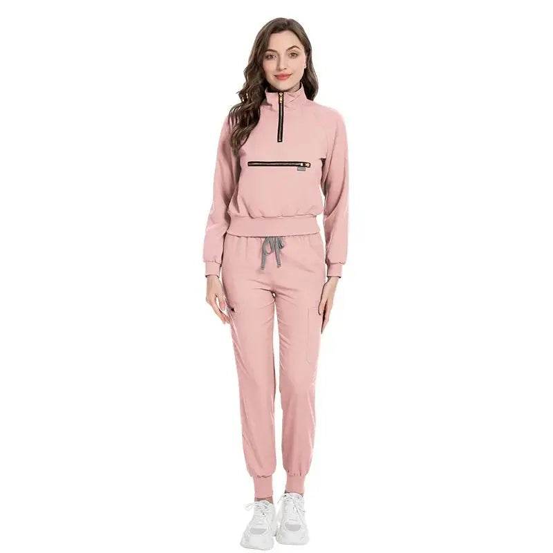 Long Sleeve Scrub Jacket and Matching Pants Set, Jogging Style, Scrubs Sets 42035-pink