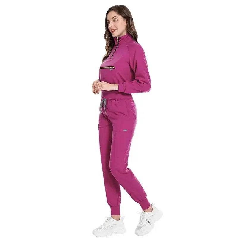 Long Sleeve Scrub Jacket and Matching Pants Set, Jogging Style, Scrubs Sets 42035 rose red