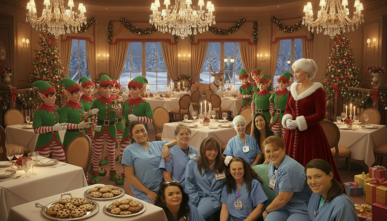 Group of nurses in blue scrubs posing for a photo in a medical setting.