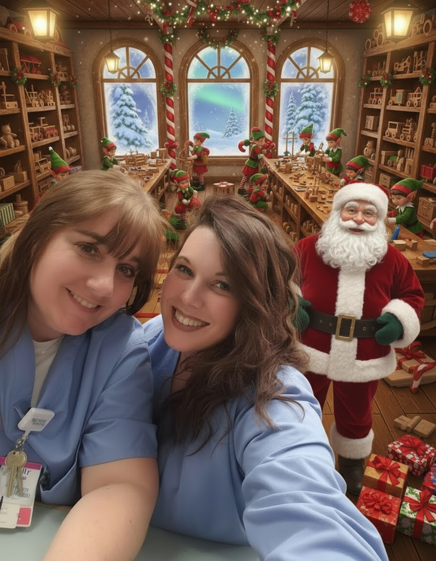 Two women in blue scrubs taking a selfie in an office setting.