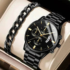 Men's Stainless Steel Watch, Luxury Calendar Quartz Wrist Watch, Men's Business Watch Black B