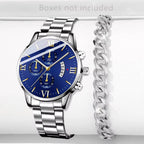 Men's Stainless Steel Watch, Luxury Calendar Quartz Wrist Watch, Men's Business Watch Blue