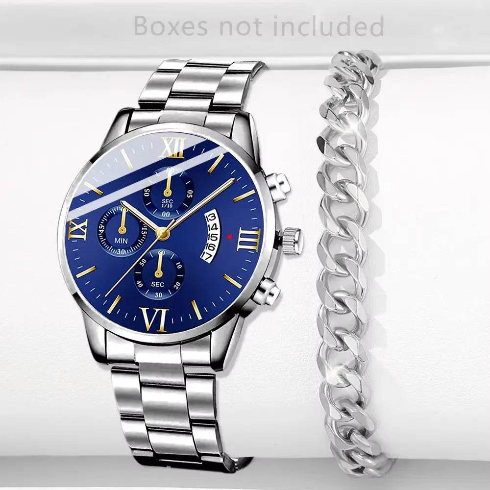 Men's Stainless Steel Watch, Luxury Calendar Quartz Wrist Watch, Men's Business Watch Blue