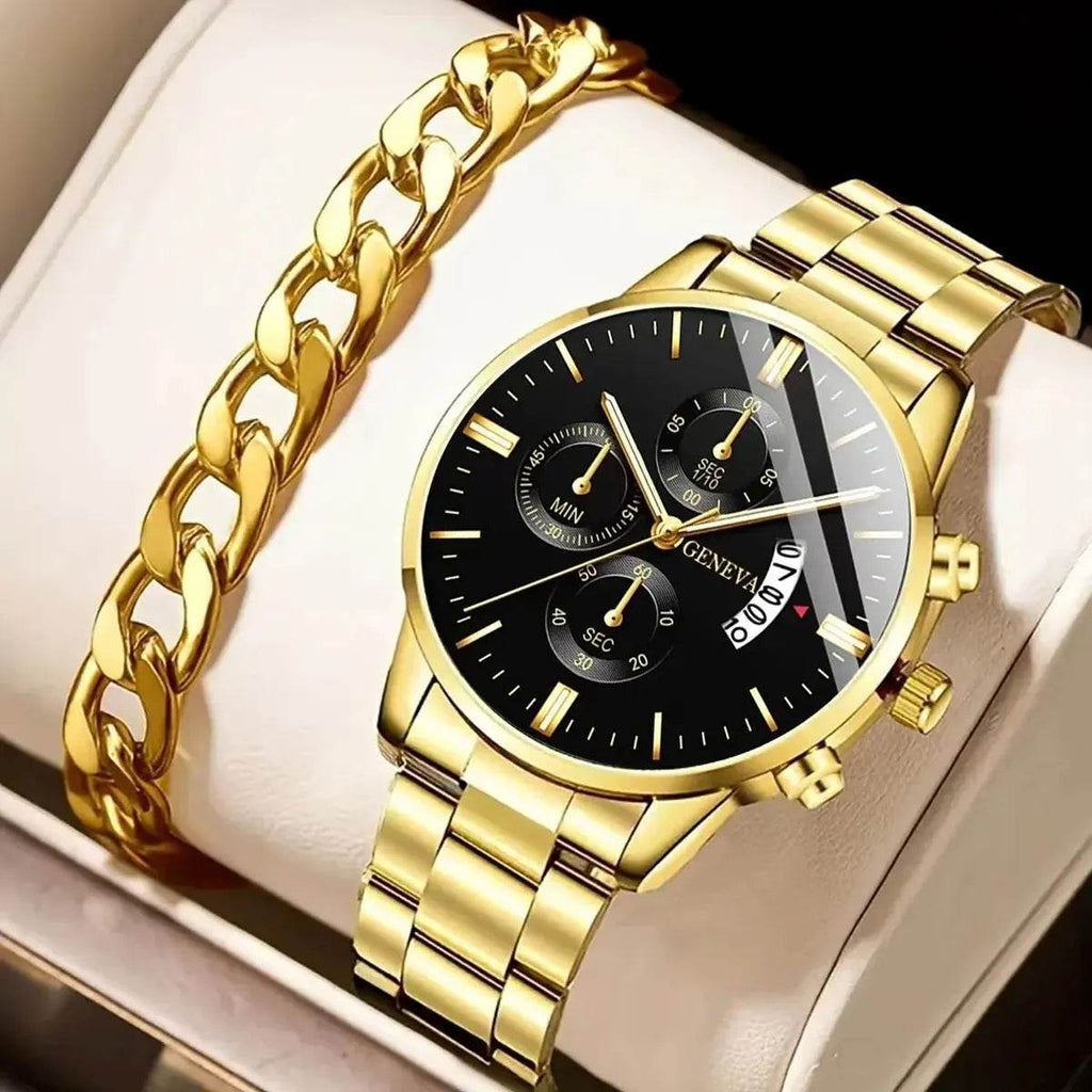 Men's Stainless Steel Watch, Luxury Calendar Quartz Wrist Watch, Men's Business Watch Gold B