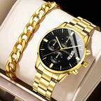 Men's Stainless Steel Watch, Luxury Calendar Quartz Wrist Watch, Men's Business Watch Gold B