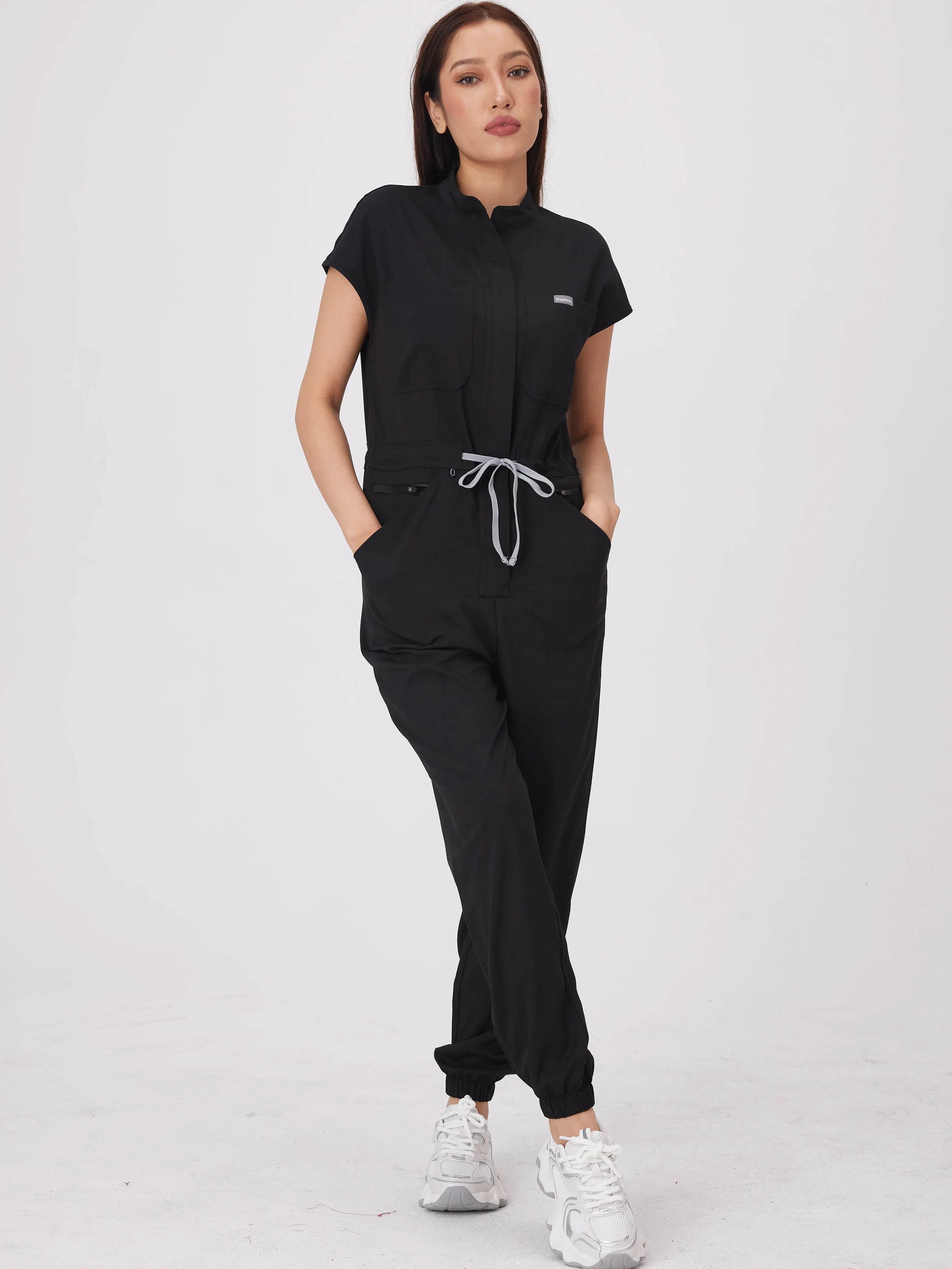 Wholesale Medical Apparel Scrub Uniform Women Short Sleeved Scrubs Jumpsuit Medical Hospital Clothing Scrub Uniforms with Pocket BB001-Black