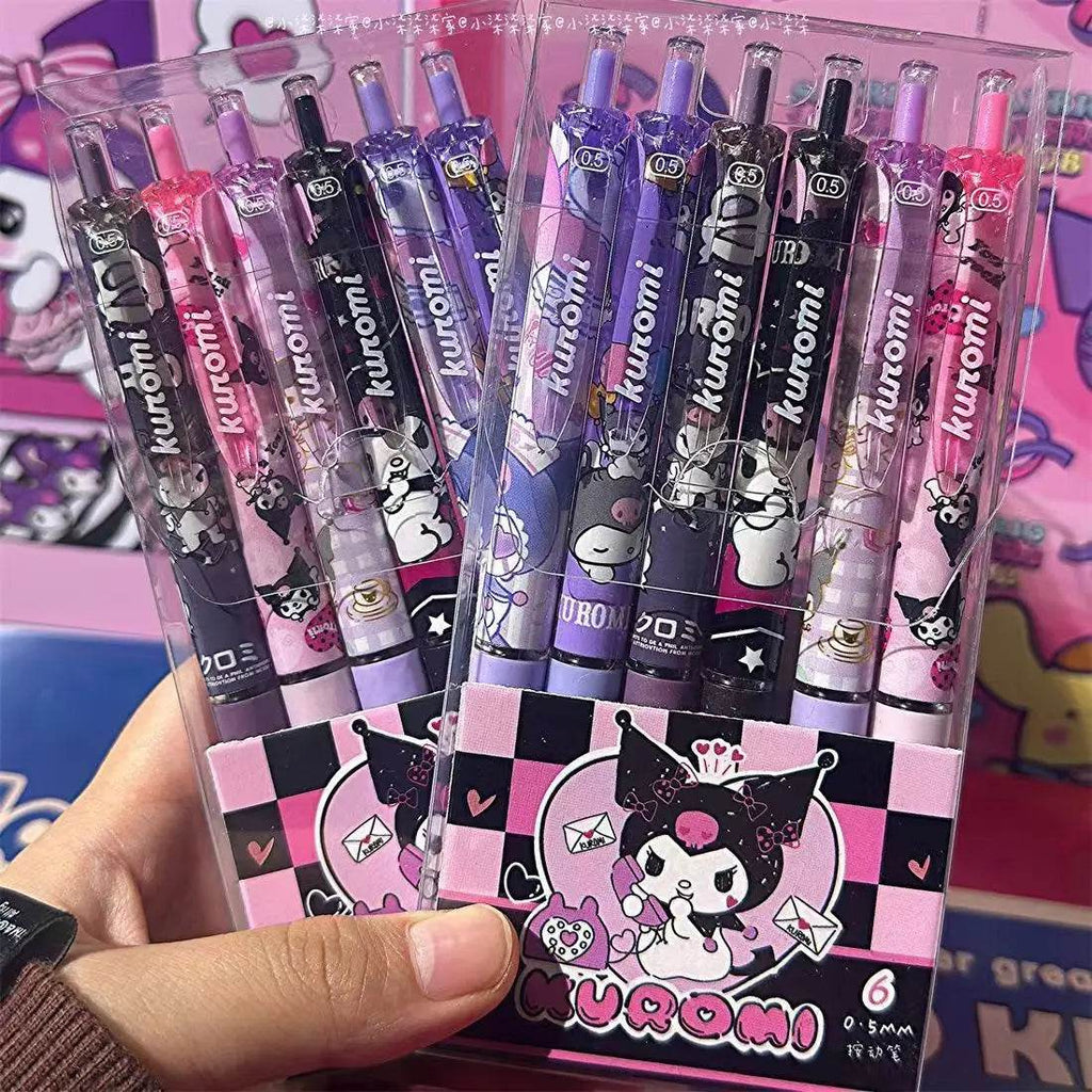 Sanrio 6-Piece Gel Pen Set Featuring Hello Kitty Cartoon, Black Ink, 0.5mm Tip, Quick-Drying Press Ballpoint Pens