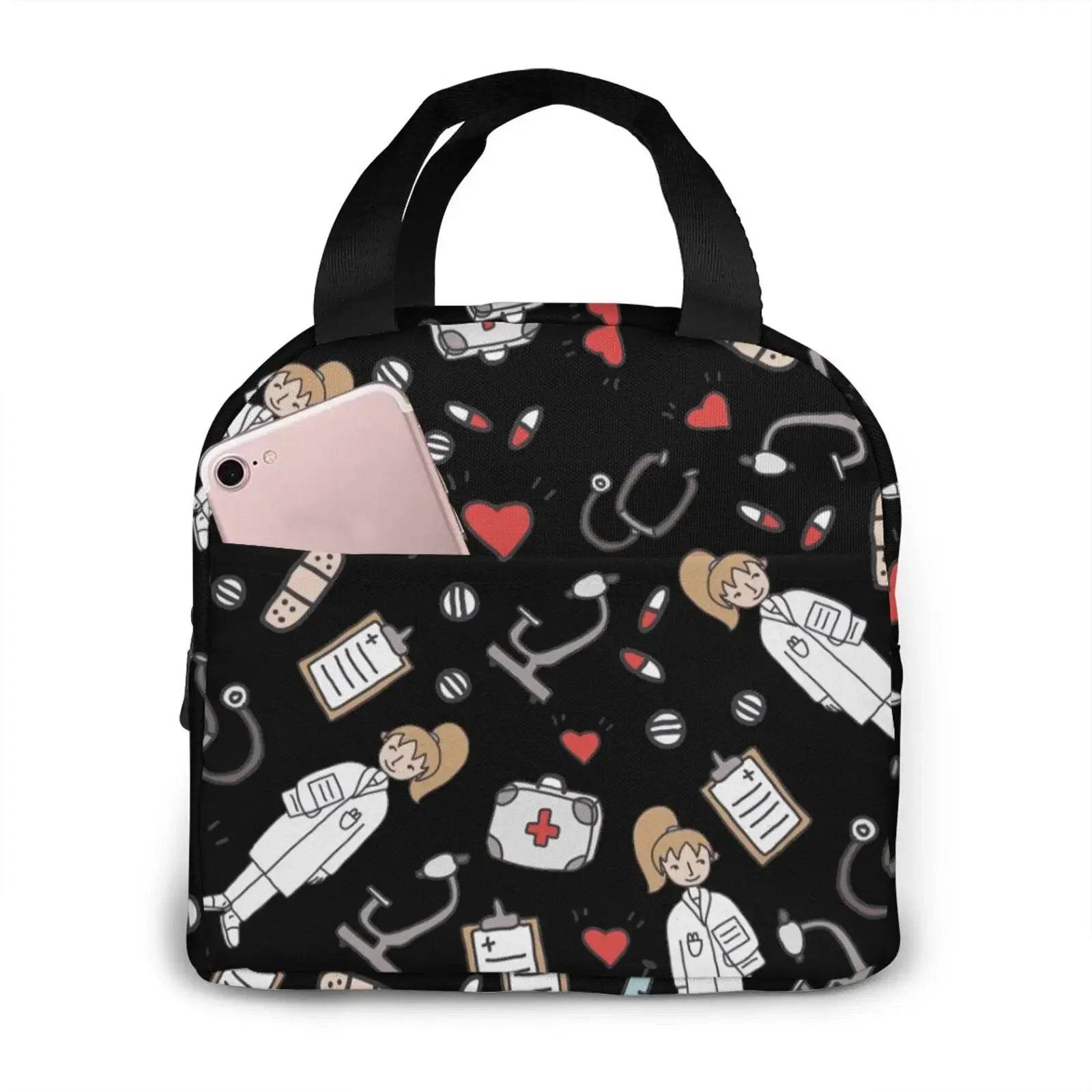 Charming, insulated Lunch Bag Featuring Playful Nurse Prints 2