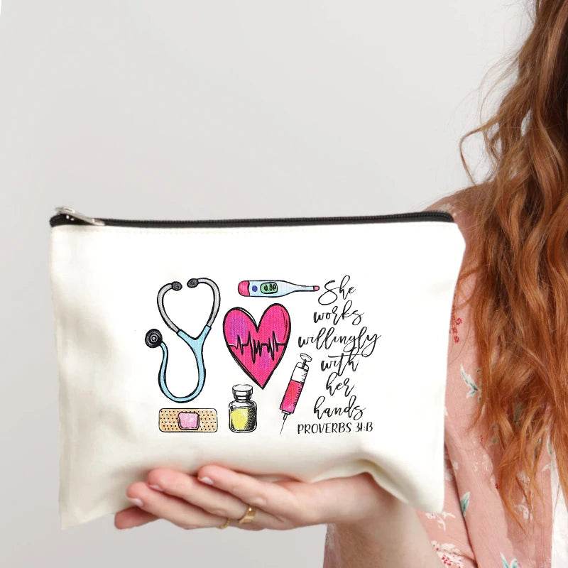 White Minimalist Nurse Makeup Bag: Trendy, Versatile Travel and Medical Literature Storage Essential – Perfect Birthday Gift