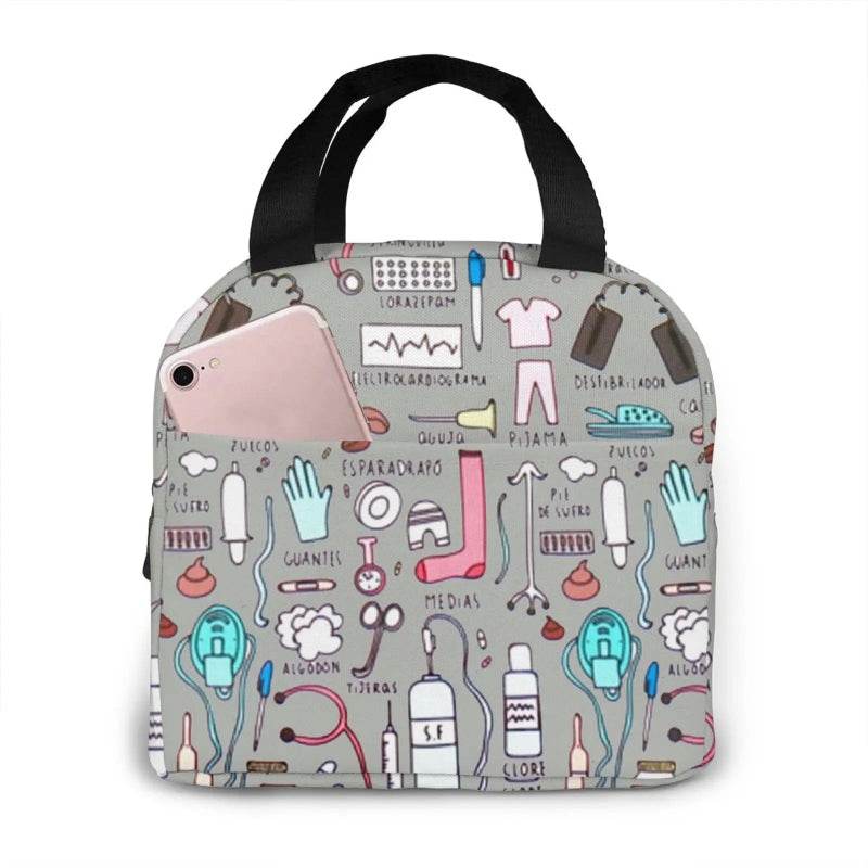 Portable Nurse Bag Insulated Lunch Bags Women Cute Nurse Print Food Case Tote Cooler Bento Bag for Kids Lunch Pouch 9